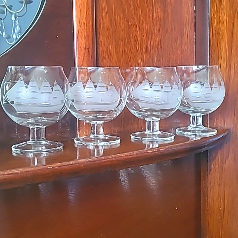 4 etched Brandy sniffers